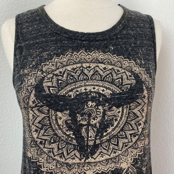 One Clothing Sheer Black Tribal Cow Skull Tank Top SM Biker Boho Festival Goth - Picture 2 of 8